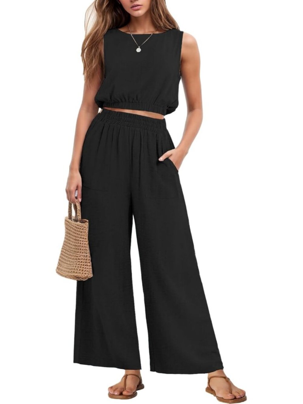 Women's Two Piece Sets Sleeveless Black Crop Top Wide Leg Pants Travel Outfits